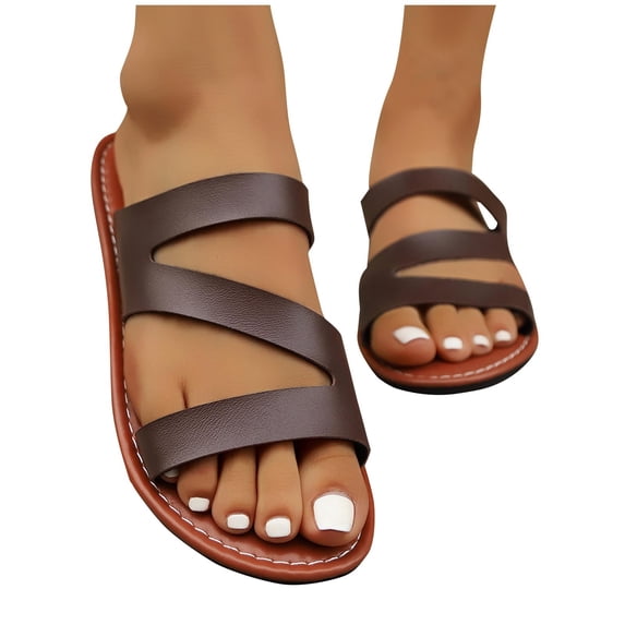 Women Casual Strappy Sandals Flat Sandals Comfortable Casual Sandals Summer Walking Solid Color Round Toe Shoes Summer Open-Toe Flat Sandals