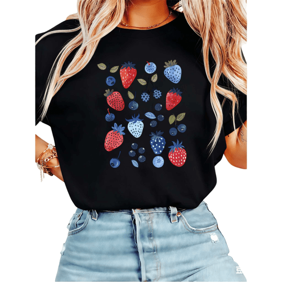 Women Casual Strawberry Blueberry Graphic Tees Cotton Crew Neck Printed T Shirt Tops Black S-5XL