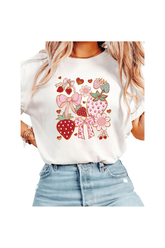 Women Casual Strawberry Bow Floral Graphic Tees Cotton Crew Neck Printed T Shirt Tops White S-5XL