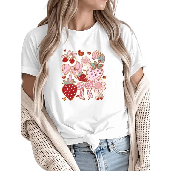 Women Casual Strawberry Bow Floral Graphic Tees Cotton Crew Neck Printed T Shirt Tops White S-5XL