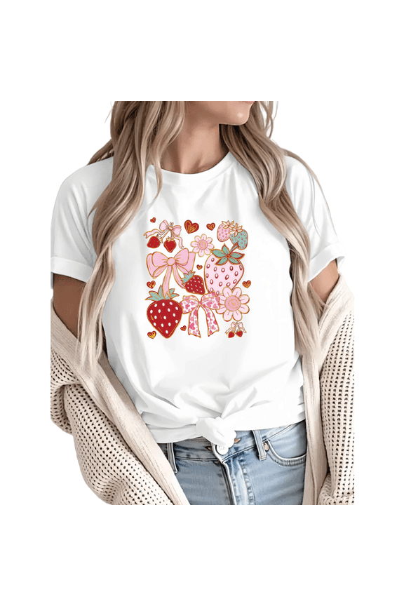 Women Casual Strawberry Bow Floral Graphic Tees Cotton Crew Neck Printed T Shirt Tops White S-5XL