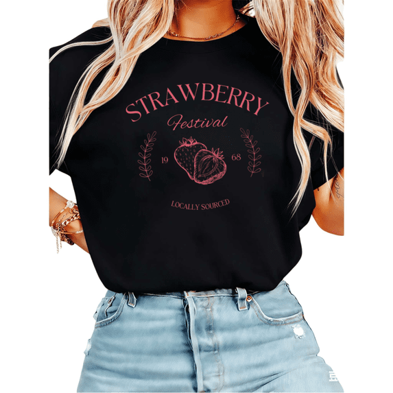 Women Casual Strawberry Festival Graphic Tees Cotton Crew Neck Printed T Shirt Tops Black S-5XL