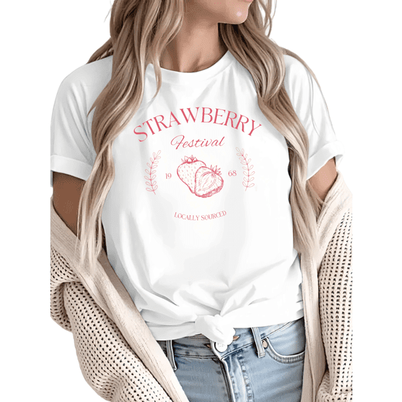 Women Casual Strawberry Festival Graphic Tees Cotton Crew Neck Printed T Shirt Tops White S-5XL