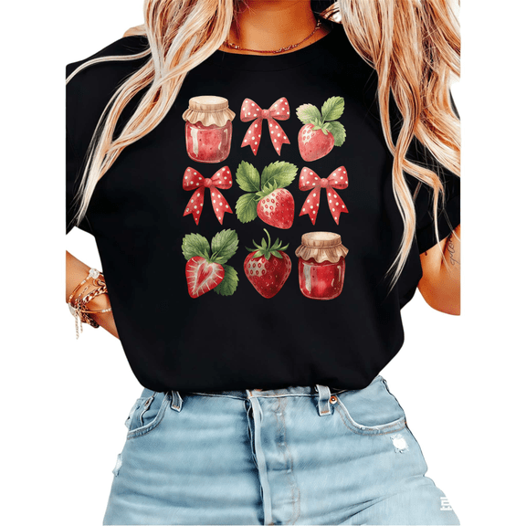 Women Casual Strawberry Jam Bow Graphic Tees Cotton Crew Neck Printed T Shirt Tops Black S-5XL