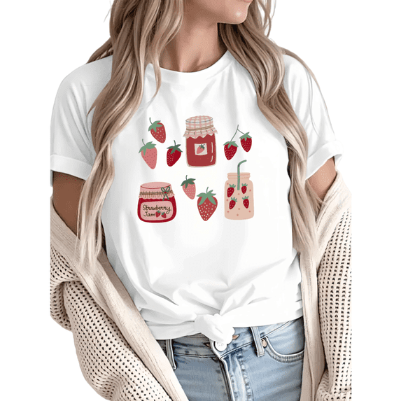 Women Casual Strawberry Jam Graphic Tees Cotton Crew Neck Printed T Shirt Tops White S-5XL