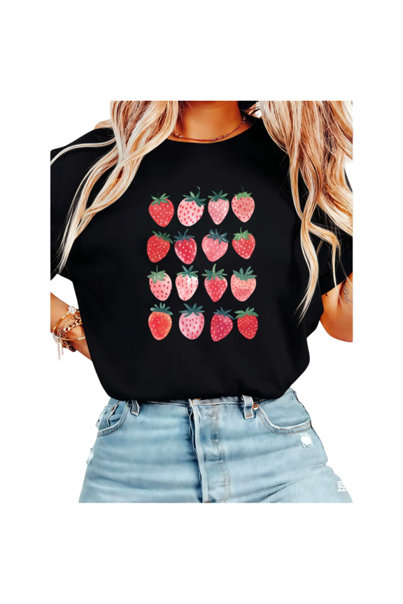 Women Casual Strawberry Pattern Graphic Tees Cotton Crew Neck Printed T Shirt Tops Black S-5XL