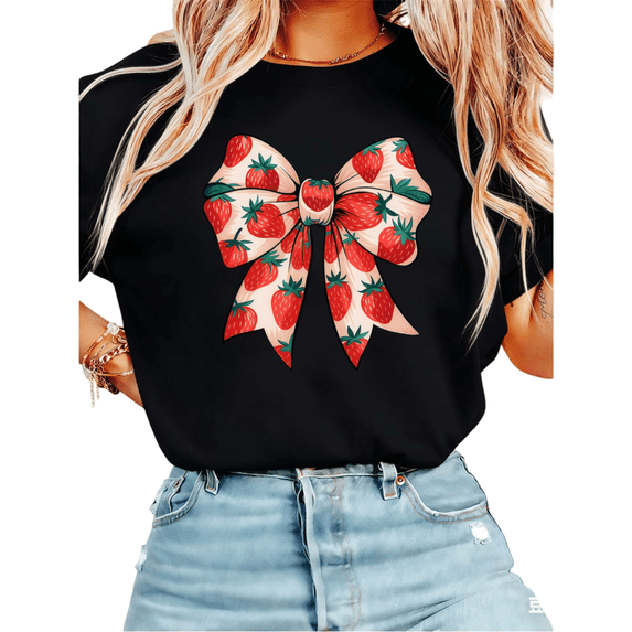 Women Casual Strawberry Print Bow Graphic Tees Cotton Crew Neck Printed T Shirt Tops Black S-5XL