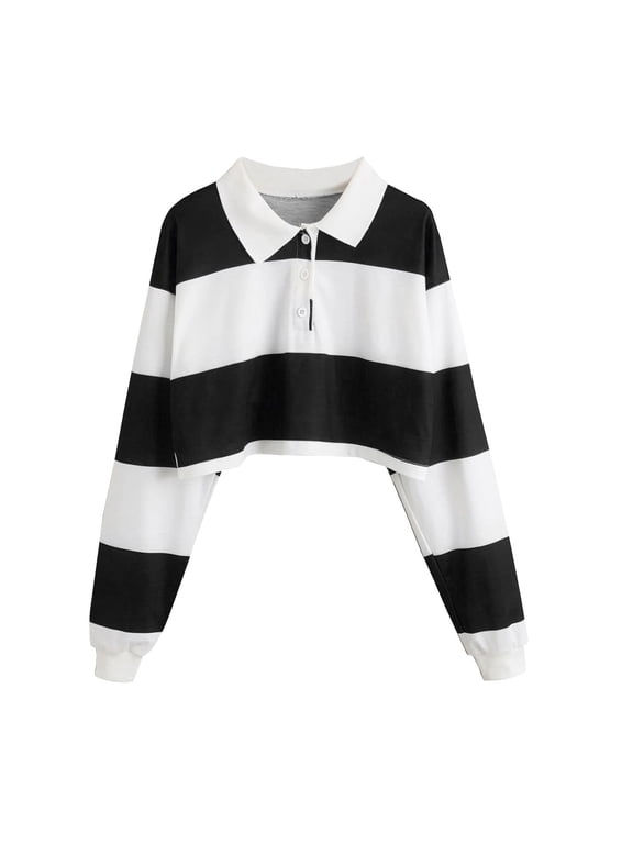 Women Casual Stripe Long Sleeve Button Turn-down Collar Pullover Sweatshirt Top Womens Tops Tee Shirts Womens Long Sleeve Tees Workout Shirt Womens Shirt And Shirt Set Women Womens Casual Tees Womens