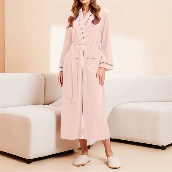 Women Casual Stripe Robe Long Knit Lightweight Soft V-neck Bathrobe Ladies Loungewear