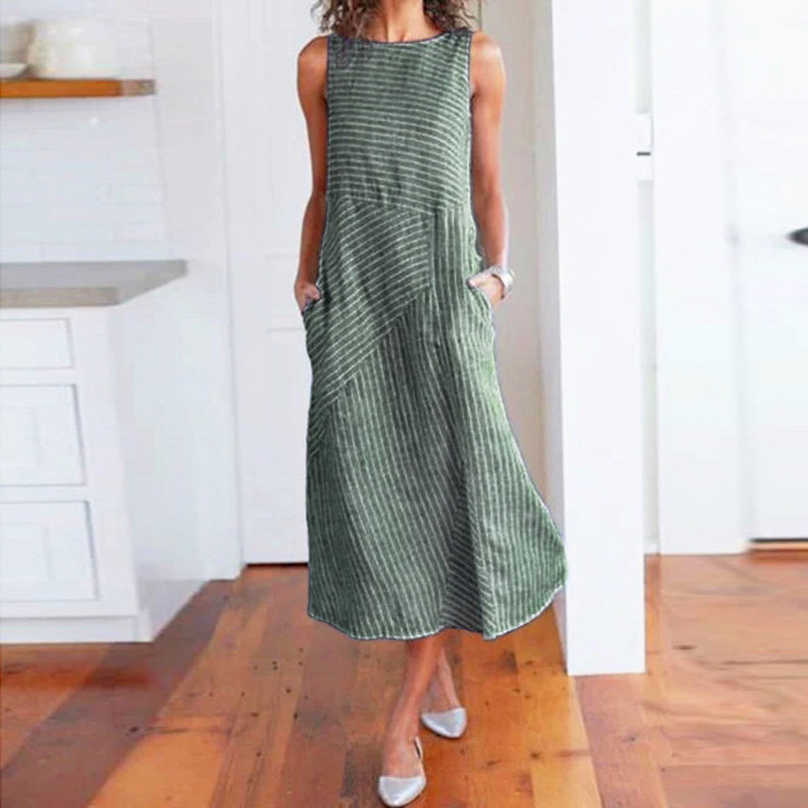 Women's Casual Striped Sleeveless Linen Dress with Pockets