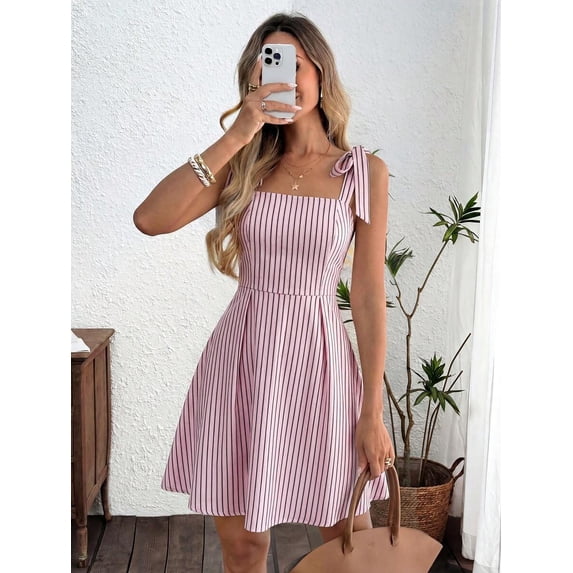 Women Casual Striped Tie Front Camisole Dress Sun Dress Summer Vacation Flowy Mini Dress Streetwear