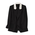 thumbnail image 1 of Women Casual Suit Coat Notched Lapel Long Sleeve Patchwork Color Suit Jacket Double Breasted Flap Pockets Loose Fit Office Lady Outwear, 1 of 8