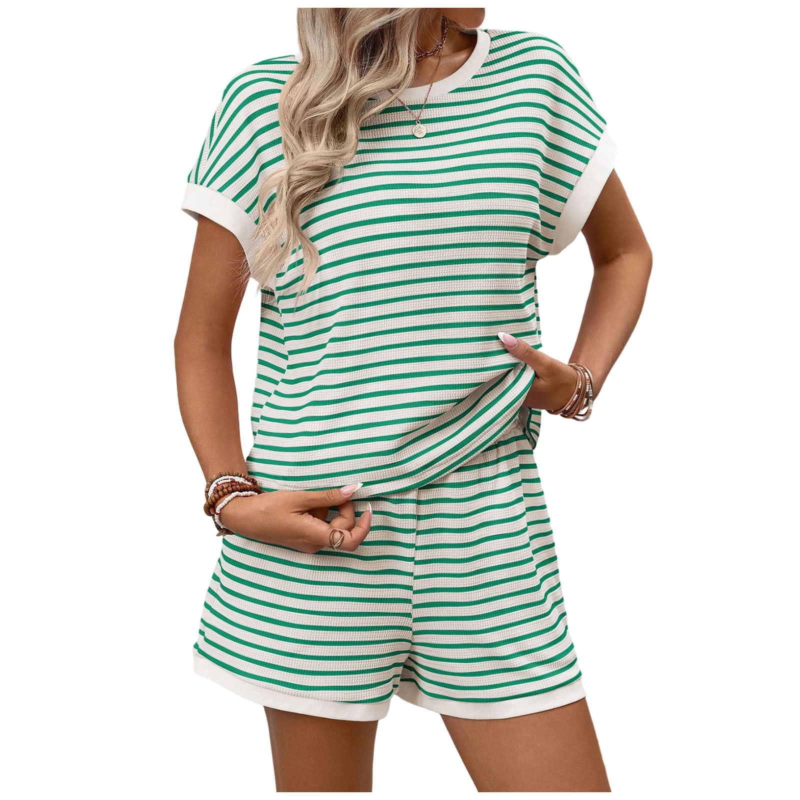 Women Casual Summer 2 Piece Sets Striped Waffle Knit Short Sleeve T Shirts & Shorts Loungewear Pajamas Matching Set