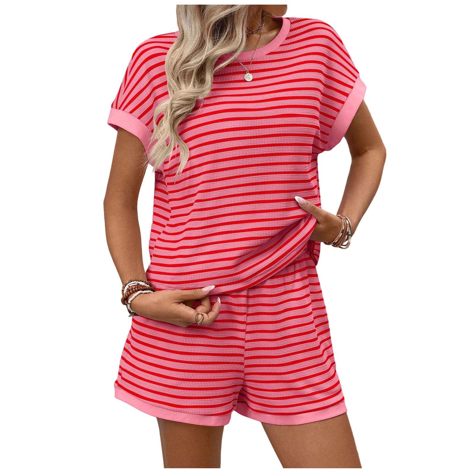 Women Casual Summer 2 Piece Sets Striped Waffle Knit Short Sleeve T Shirts & Shorts Loungewear Pajamas Matching Set