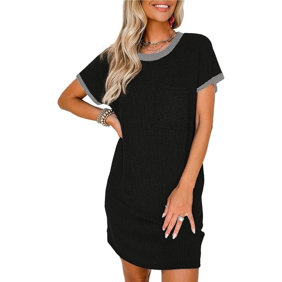 Women Casual Summer Crewneck Short Sleeve Ribbed Mini Tshirt Dress,S-XXL