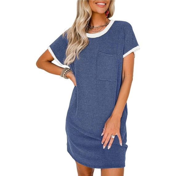Women Casual Summer Crewneck Short Sleeve Ribbed Mini Tshirt Dress,S-XXL