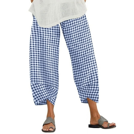 Women Casual Summer Cropped Tulip Pants Baggy Elastic Waisted Lounge Pants Trousers with Pockets Blue XL