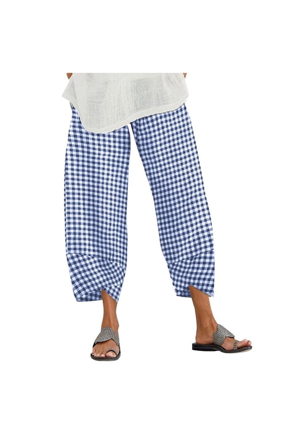 Women Casual Summer Cropped Tulip Pants Baggy Elastic Waisted Lounge Pants Trousers with Pockets Blue XL