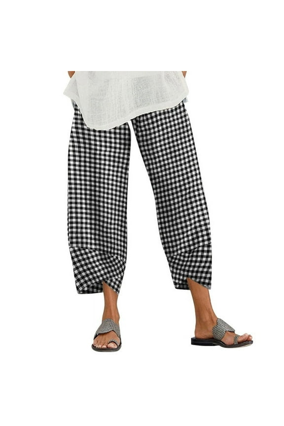 Women Casual Summer Cropped Tulip Pants Baggy Elastic Waisted Lounge Trousers with Pockets Black S