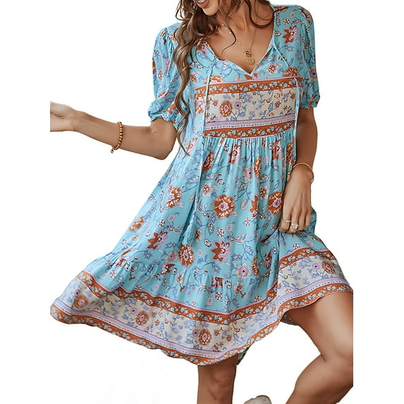Women Casual- Summer Dress Boho V Neck Short Sleeve Babydoll Floral Print Flowy Beach Dress Blue M