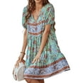 thumbnail image 1 of Women Casual- Summer Dress Boho V Neck Short Sleeve Babydoll Floral Print Flowy Beach Dress Green S, 1 of 8