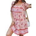 thumbnail image 1 of Women Casual- Summer Dress Boho V Neck Short Sleeve Babydoll Floral Print Flowy Beach Dress Pink XL, 1 of 8