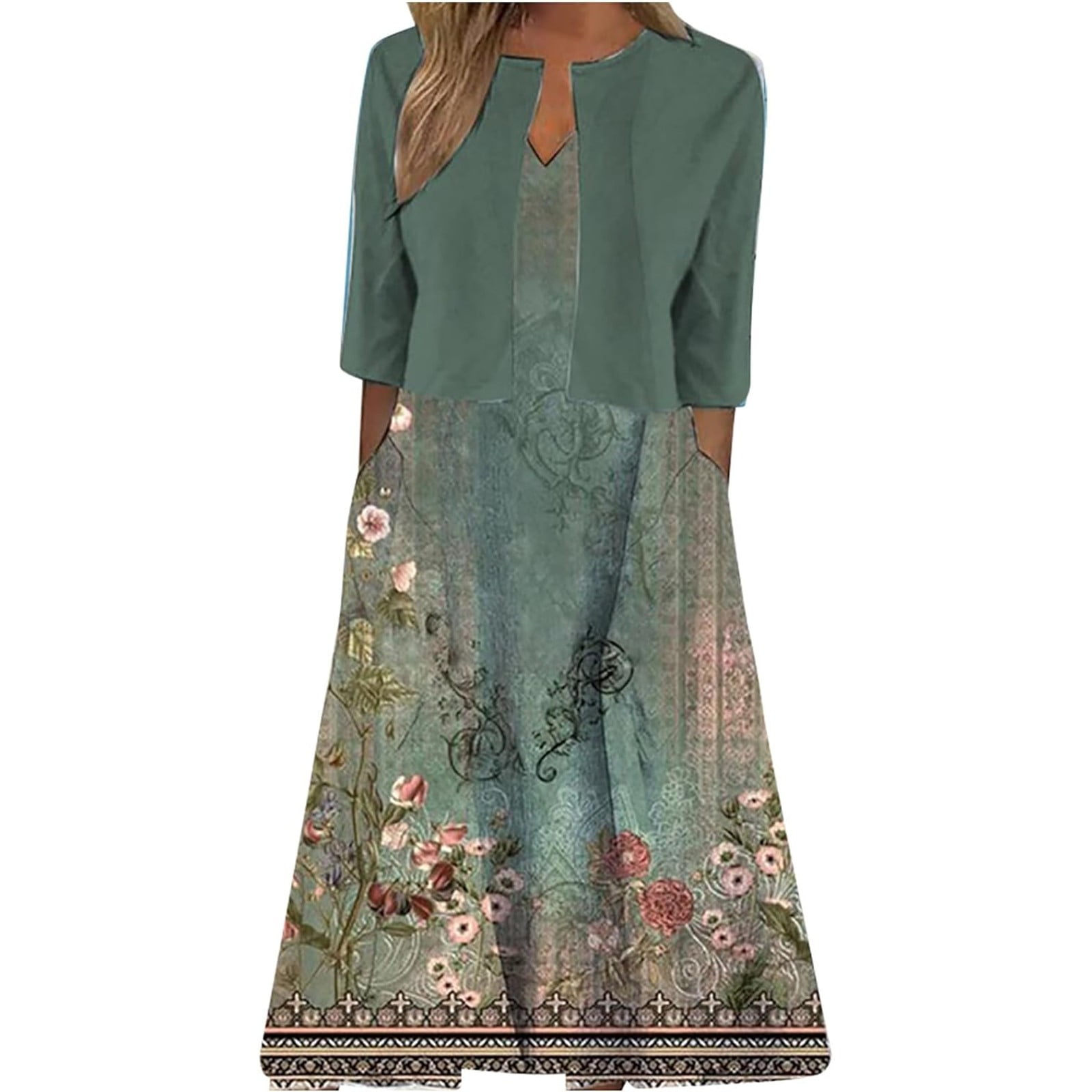 Women Casual Summer Dress Vacation Floral Short Sleeve Maxi Dress Two