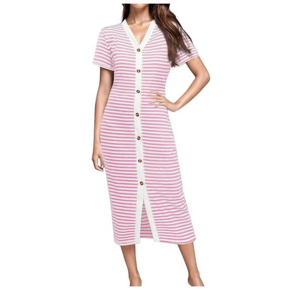 Women Casual Summer Dresses Short Sleeve Striped Midi Dresses Decorative Button Ribbed Knit Dresses Party Dresses Halter Dresses for Women Summer
