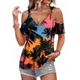 thumbnail image 1 of Women Casual Summer Hawaiian Print Tie Strap Cold Shoulder Round Neck Short Sleeve T Shirt for Daily Wear Vacation Beach Orange L, 1 of 4