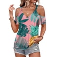 thumbnail image 1 of Women Casual Summer Hawaiian Print Tie Strap Cold Shoulder Round Neck Short Sleeve T Shirt for Daily Wear Vacation Beach Pink 2XL, 1 of 4