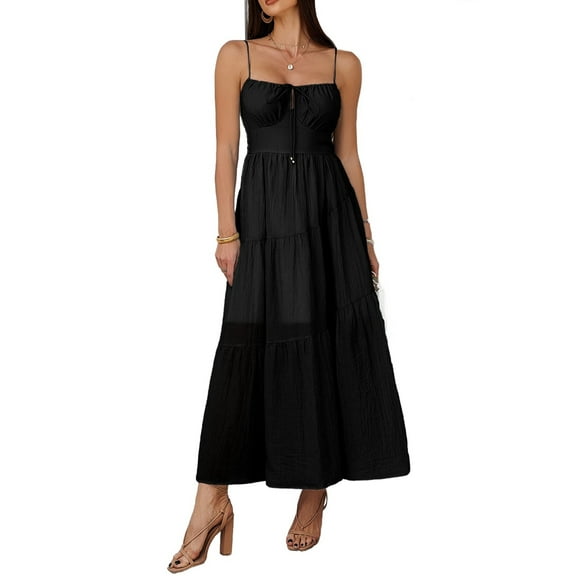 Women Casual Summer Maxi Sundress Spaghetti Strap Bow- Tie Flowy Boho Beach Long Dress 2025 Black S