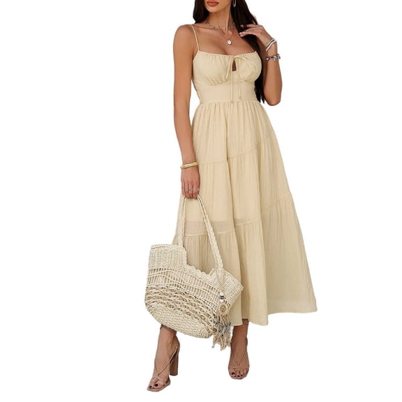 Women Casual Summer Maxi Sundress Spaghetti Strap Bow- Tie Flowy Boho Beach Long Dress 2025 Yellow S