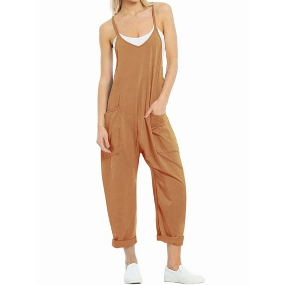 Women Casual Summer Overalls Sleeveless Spaghetti Strap Romper Jumpsuits Trendy Beach Vacation Outfits Light Brown L