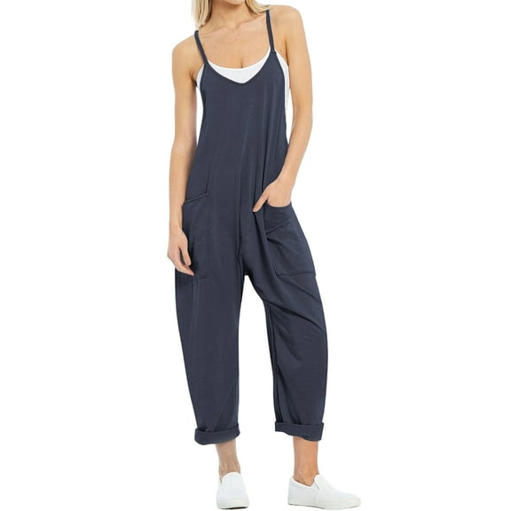 Women Casual Summer Overalls Sleeveless Spaghetti Strap Romper Jumpsuits Trendy Beach Vacation Outfits Navy Blue XXL