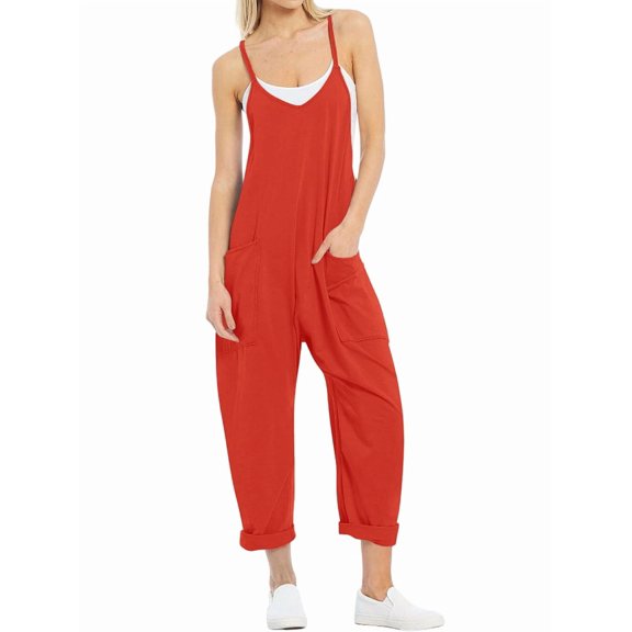 Women Casual Summer Overalls Sleeveless Spaghetti Strap Romper Jumpsuits Trendy Beach Vacation Outfits Orange & Red S