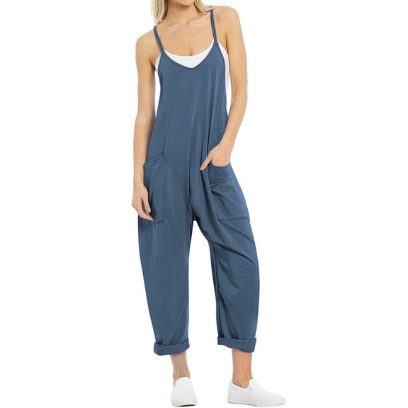 Women Casual Summer Overalls Sleeveless Spaghetti Strap Romper Jumpsuits Trendy Beach Vacation Outfits Sea Blue S