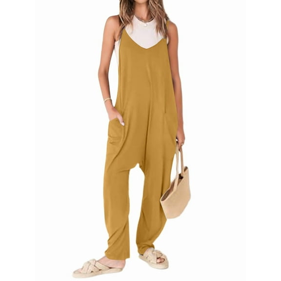 Women Casual Summer Overalls Sleeveless Spaghetti Strap Romper Jumpsuits Trendy Beach Vacation Outfits Yellow XXL