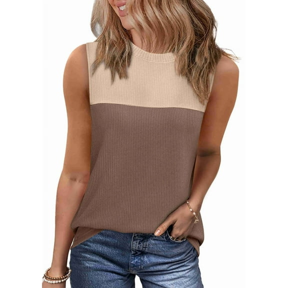 Women Casual Summer Round Neck Colorblock Sleeveless Tank Top Brown L