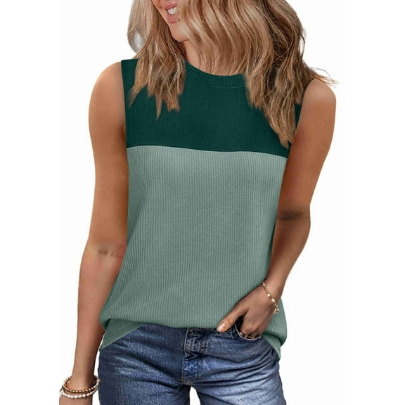 Women Casual Summer Round Neck Colorblock Sleeveless Tank Top Green XL