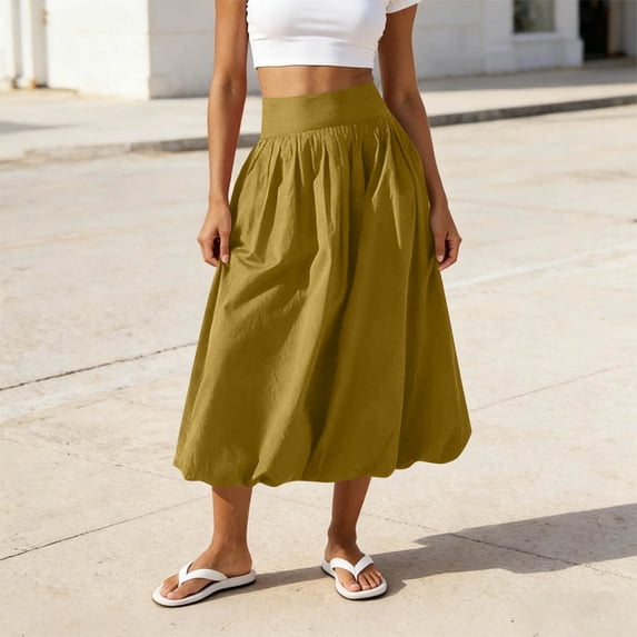 Women Casual Summer Skirt with Pockets, Shirred Elastic Waist, Versatile Stretchy Full Length