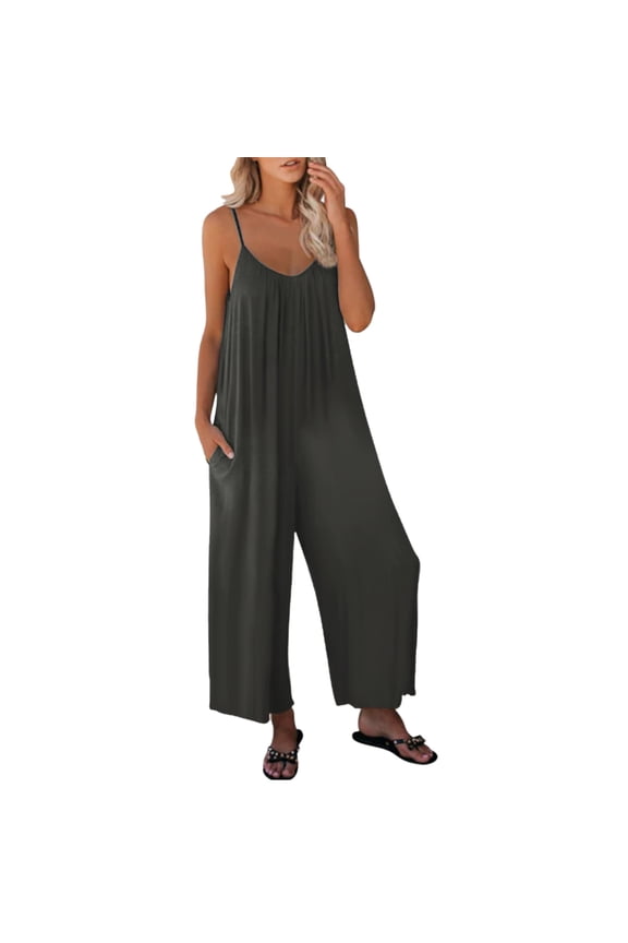 Women Casual Summer Sleeveless Jumpsuit Spaghetti Strap Solid Color Jumpsuit Pocket Trousers Jumpsuit Suit Pants Leather Bodysuit Long Sleeve Body Women Jumpsuit with Pockets for Women New Years Eve