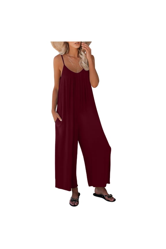 Women Casual Summer Sleeveless Jumpsuit Spaghetti Strap Solid Color Jumpsuit Pocket Trousers Jumpsuit Suit Pants Leather Bodysuit Long Sleeve Body Women Jumpsuit with Pockets for Women New Years Eve
