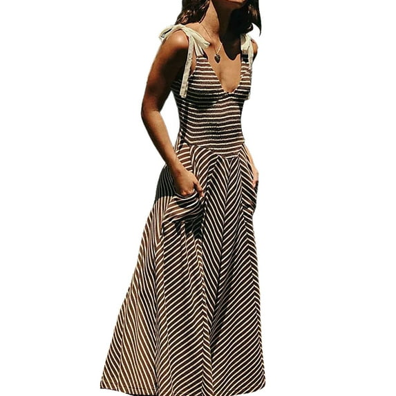 Women Casual Summer Smocked V Neck Beach Striped Sleeveless Sundress Flowy Long Dress with Pockets Dark Gray M