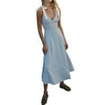 thumbnail image 1 of Women Casual Summer Smocked V Neck Beach Striped Sleeveless Sundress Flowy Long Dress with Pockets Light Blue L, 1 of 7