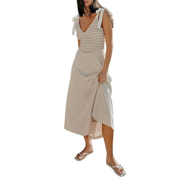 Women Casual Summer Smocked V Neck Beach Striped Sleeveless Sundress Flowy Long Dress with Pockets Light Gray XL