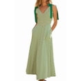thumbnail image 1 of Women Casual Summer Smocked V Neck Beach Striped Sleeveless Sundress Flowy Long Dress with Pockets Light Green L, 1 of 8