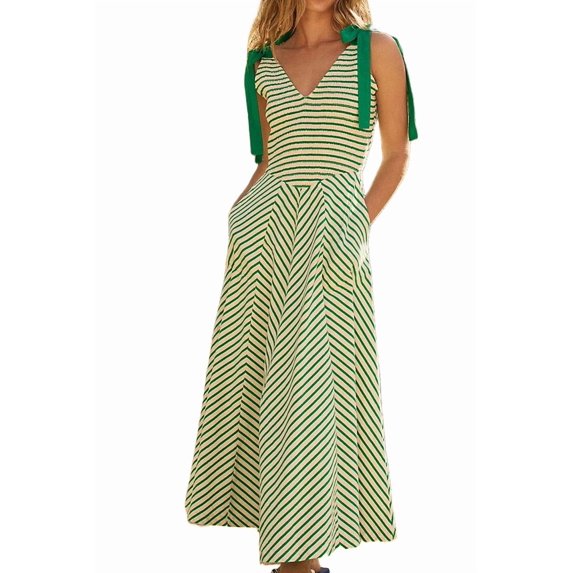 Women Casual Summer Smocked V Neck Beach Striped Sleeveless Sundress Flowy Long Dress with Pockets Light Green L
