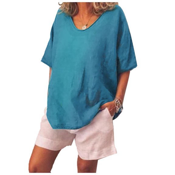 Women Casual Summer Solid O-Neck Short Sleeves Plus Size Top T-Shirt Blouse Fashion