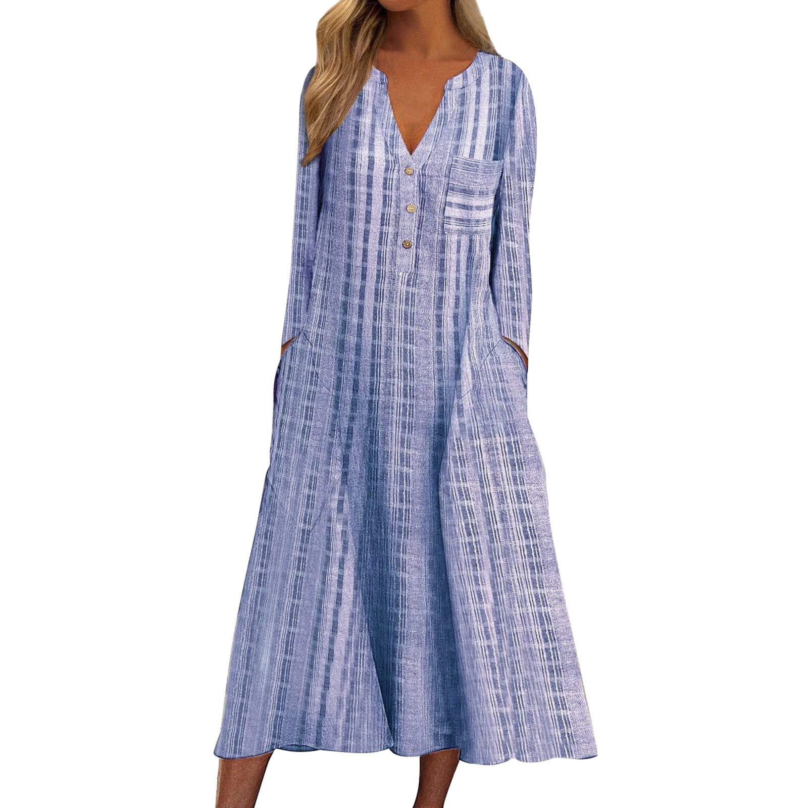 Women Casual Summer Stripe Button V Neck Long Sleeves Pocket Long Dress
