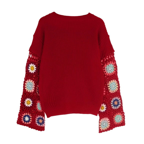 Women Casual Sweater Classic Round Neck Floral Crochet Fall Winter Basic Tops Boho Knitted Comfy Cute Jumper Tops